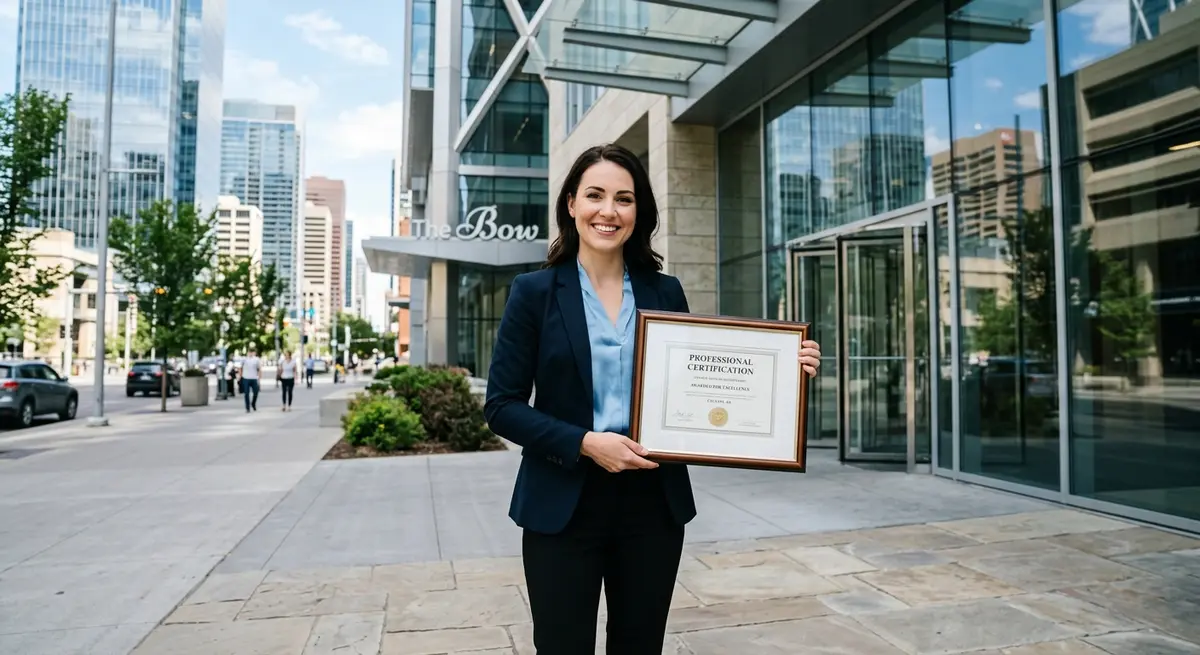 Successful Calgary professional holding a new certification certificate outside a modern office building