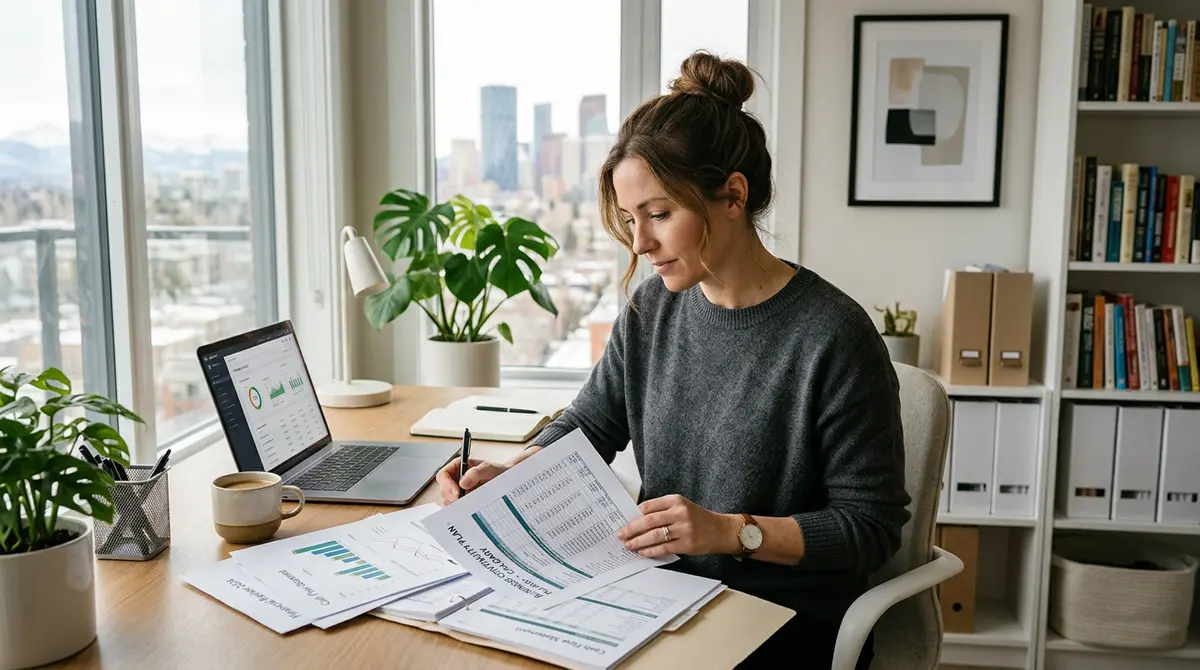 A self-employed mother reviewing financial documents and business continuity plans in her Calgary home office