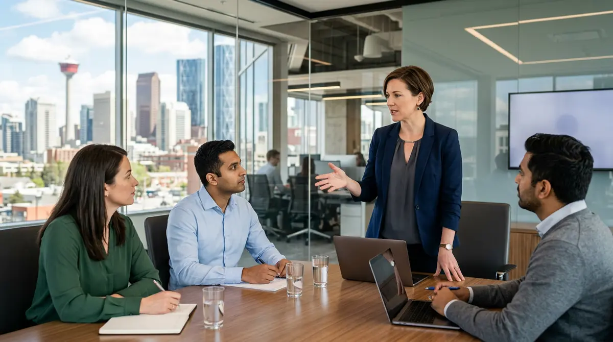 A professional interim manager leading a team meeting in a modern Calgary office space