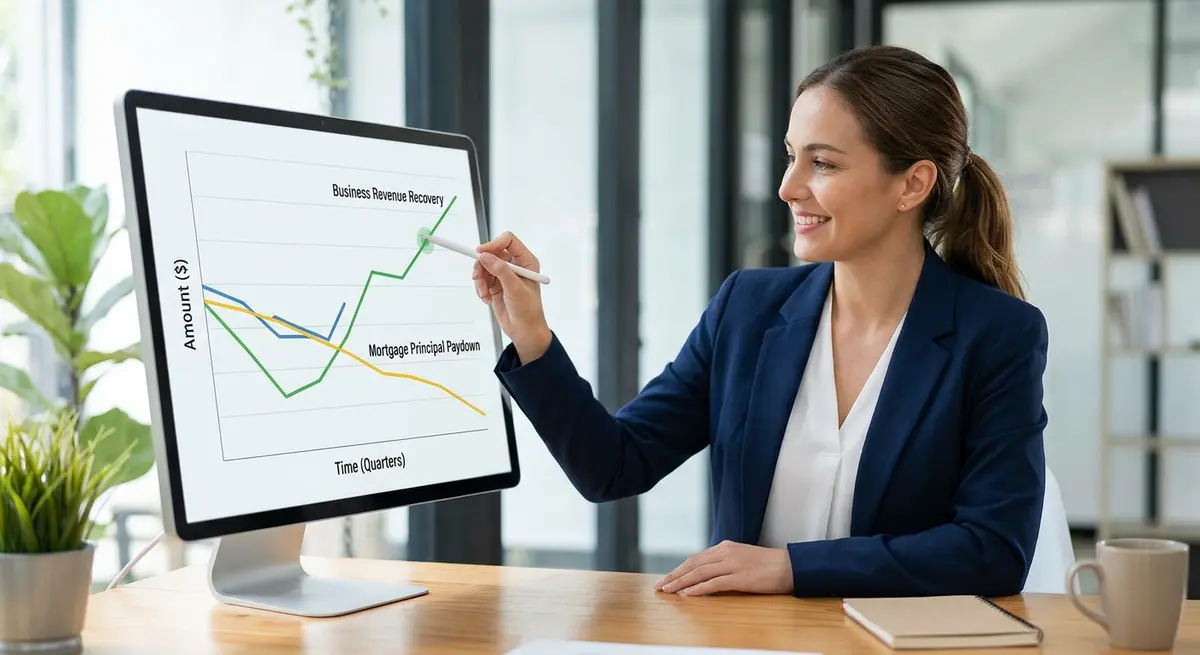 A graph showing a successful business revenue recovery and mortgage principal paydown post-maternity leave