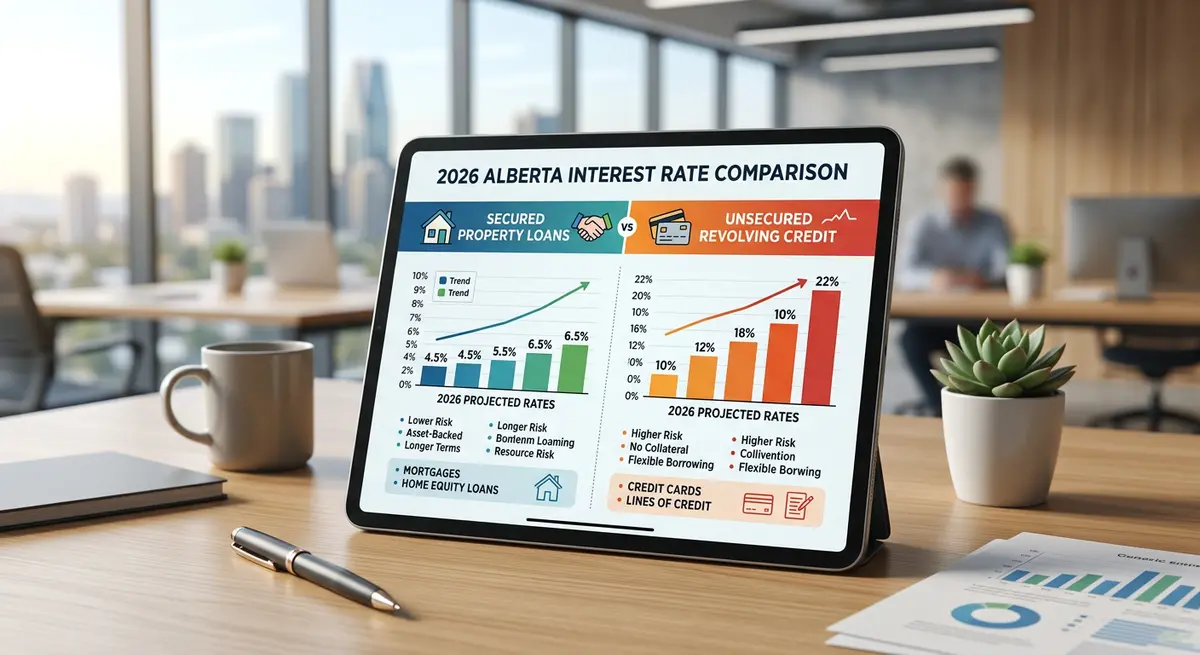 Chart comparing 2026 interest rates between secured property loans and unsecured revolving credit in Alberta