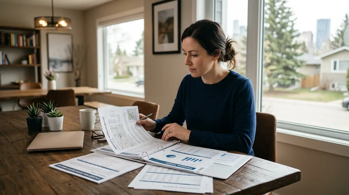 Calgary homeowner reviewing financial documents and property appraisal reports at a dining table