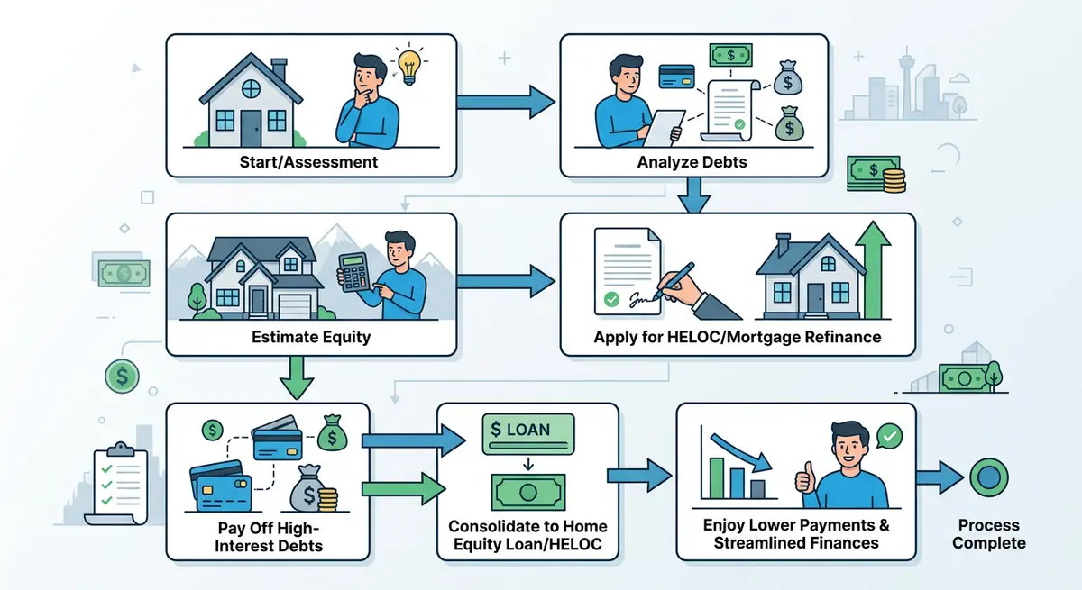 Step-by-step flowchart showing the debt consolidation process using home equity in Calgary