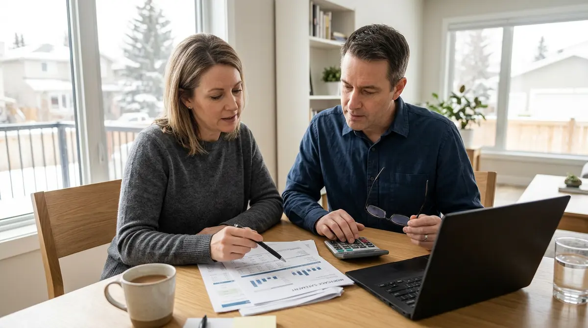 Calgary homeowner reviewing financial documents and mortgage statements at a dining table