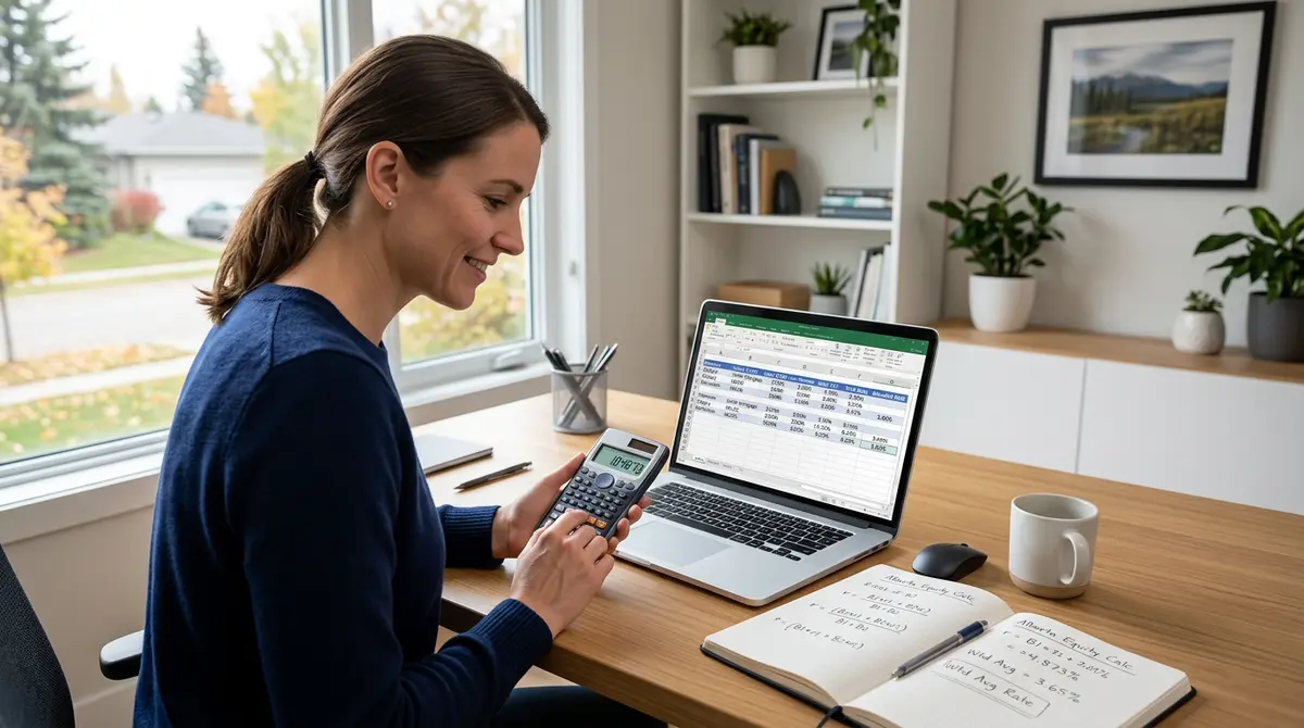 Calculator and spreadsheet showing blended rate math for Alberta property equity