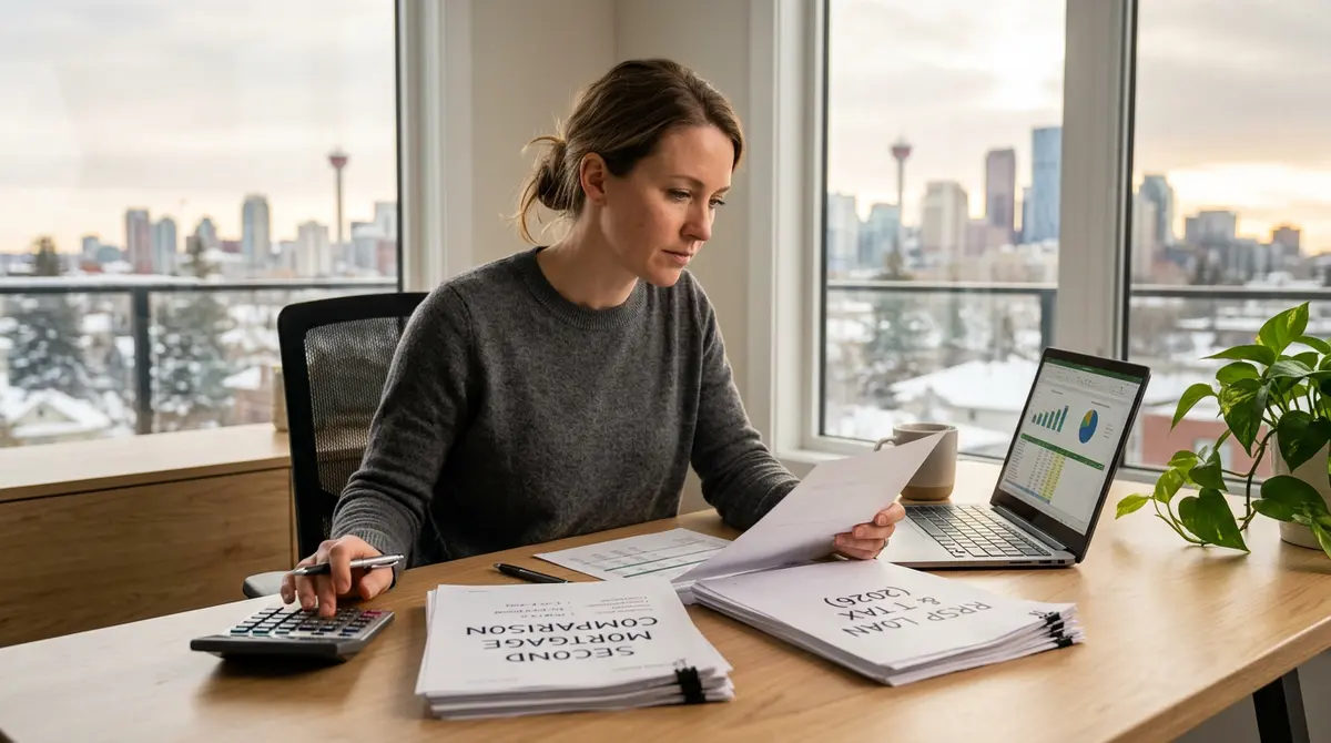 Calgary homeowner reviewing financial documents to compare a second mortgage and an RRSP loan for 2026 tax contributions