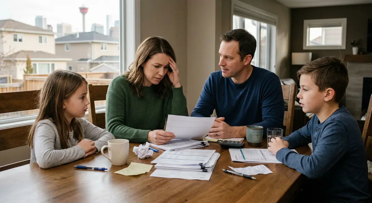 Calgary family discussing finances at a dining table highlighting the stress of family loans