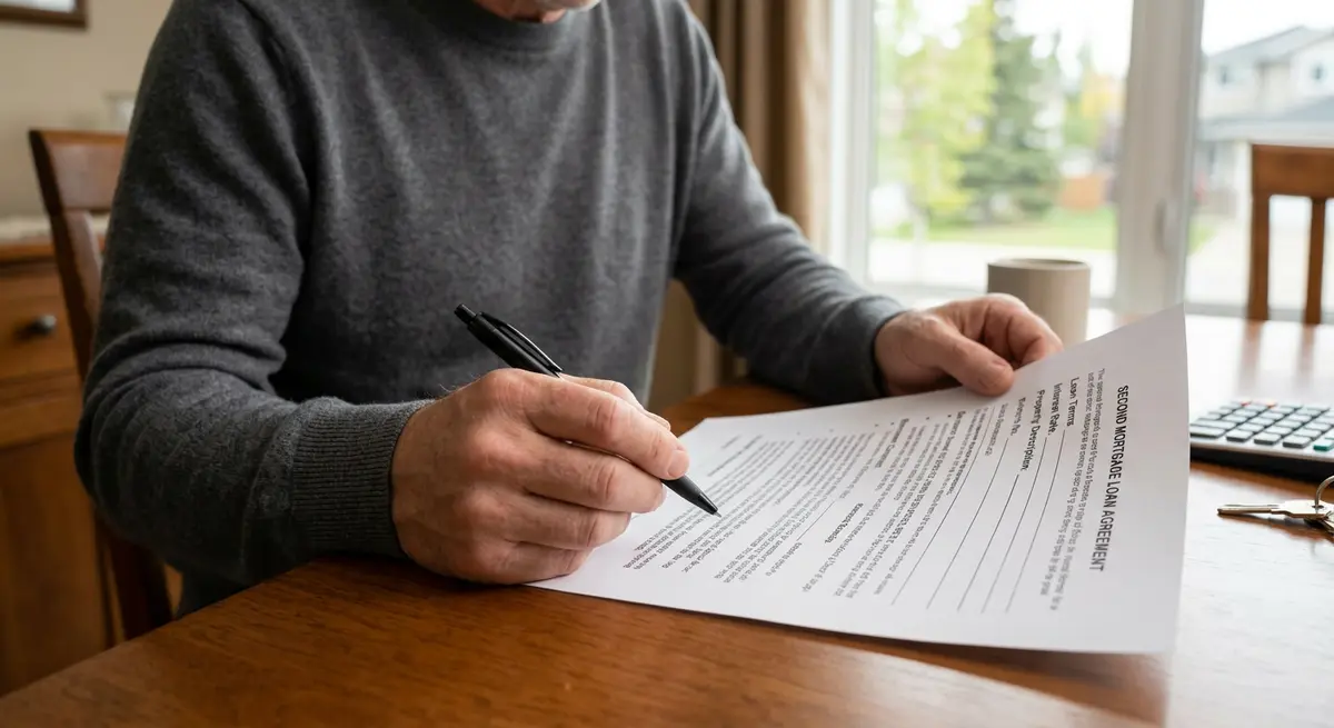 Close up of a Calgary homeowner reviewing a formal second mortgage contract with a pen