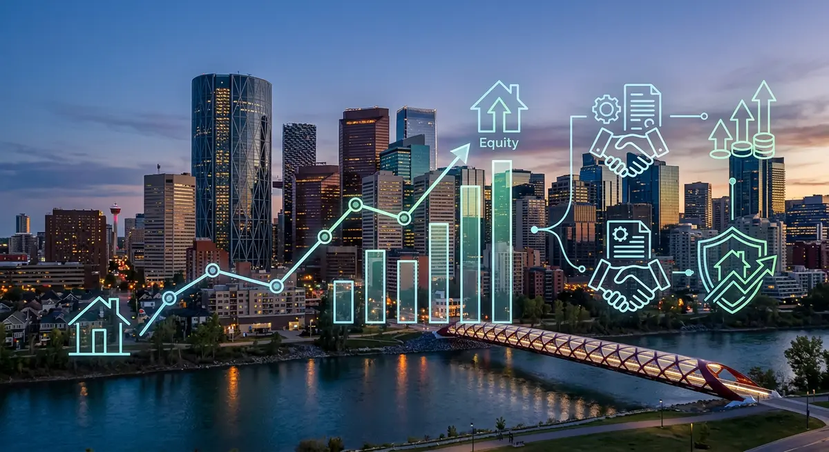 Calgary skyline with a graphic overlay showing home equity growth and professional lending concepts
