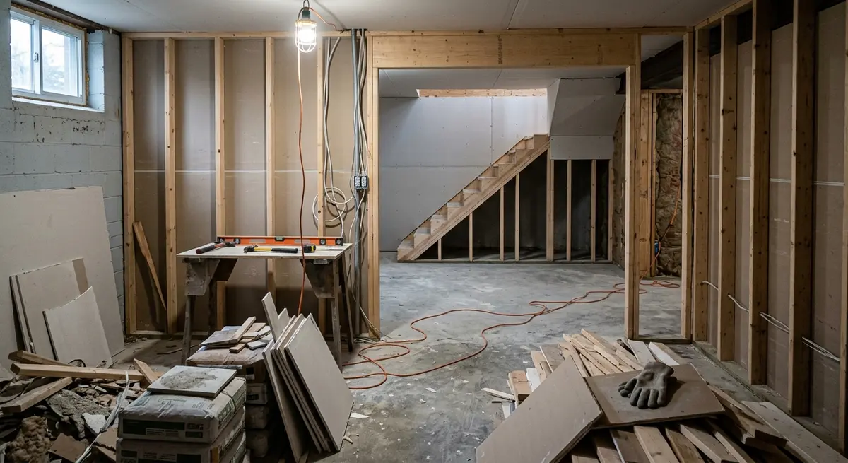 A partially finished basement renovation illustrating the risks of underfunding a construction project