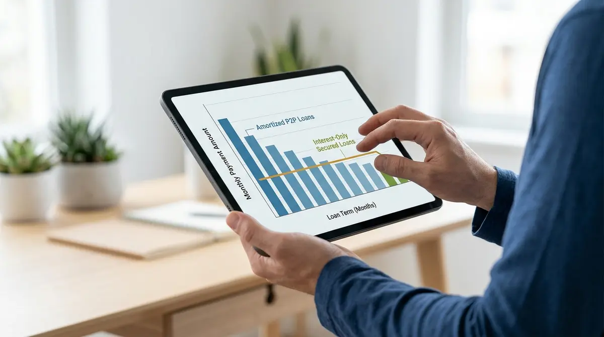 A financial chart comparing the high monthly payments of amortized P2P loans versus the lower payments of interest-only secured loans