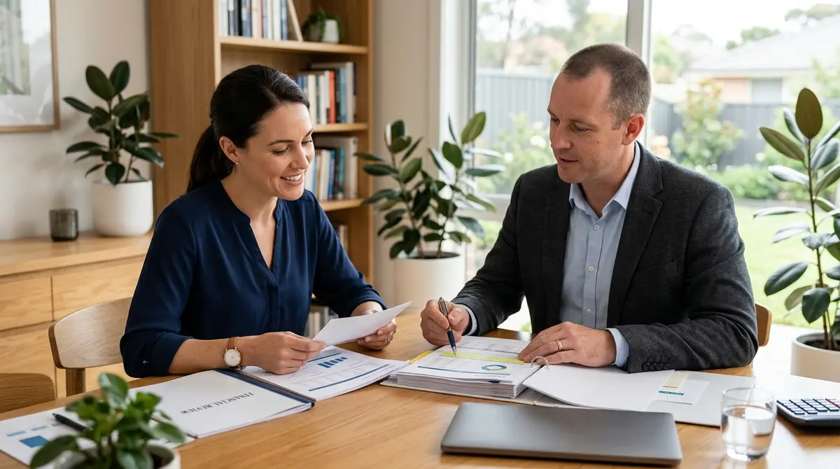 A homeowner reviewing financial documents with an advisor to ensure responsible borrowing and asset protection