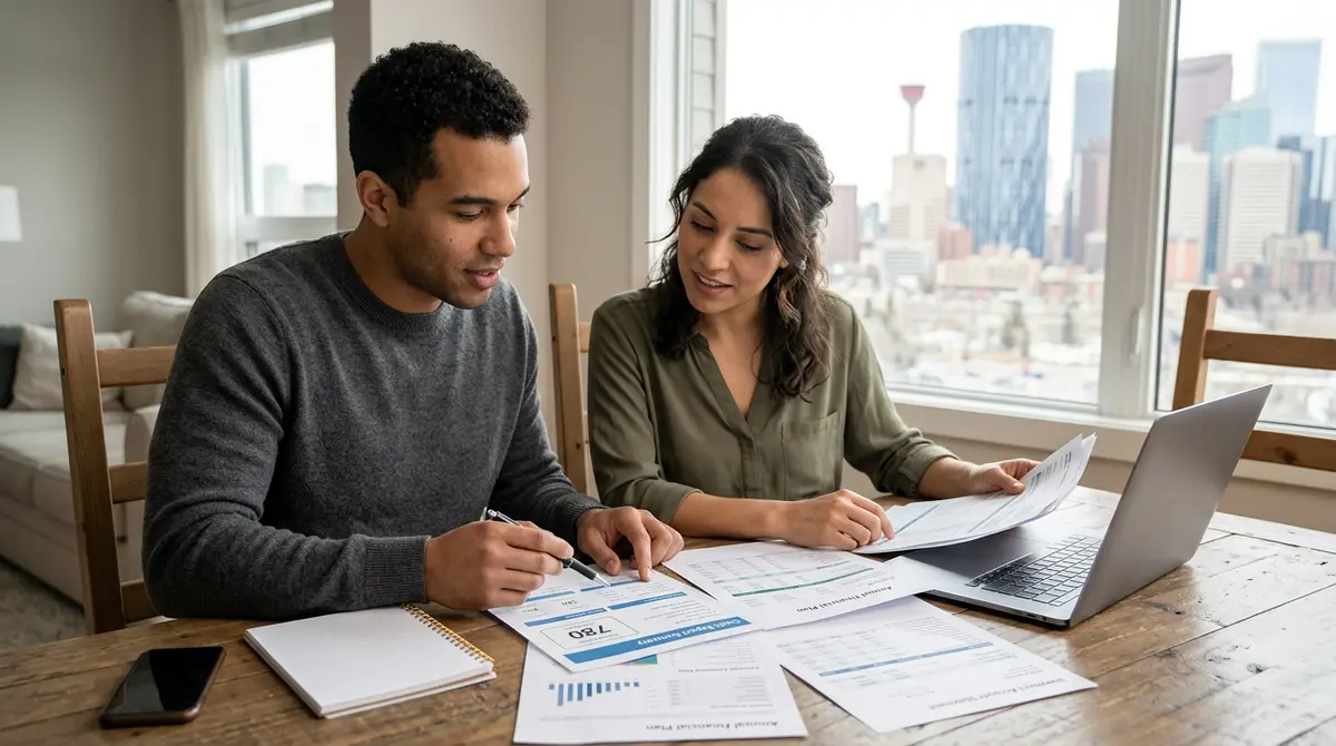 Couple reviewing financial documents and credit scores at a dining table in Calgary