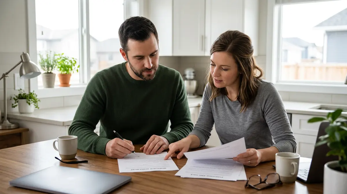 A Calgary couple reviewing legal documents and mortgage paperwork at their kitchen table