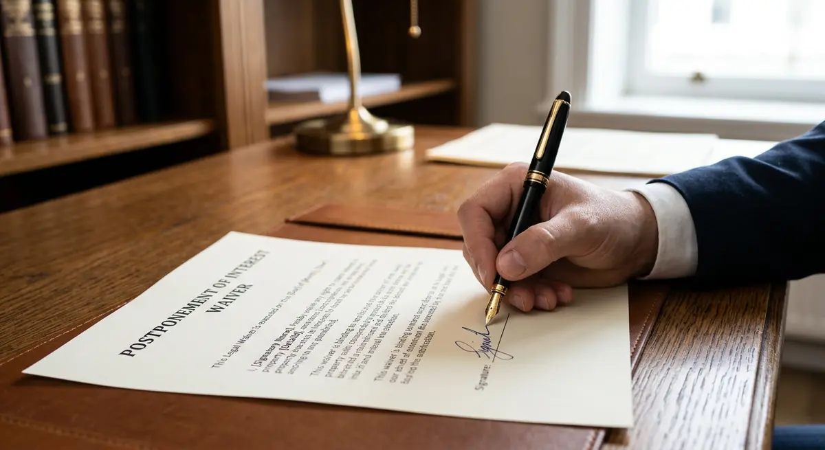 A close-up of a Postponement of Interest legal waiver being signed with a fountain pen
