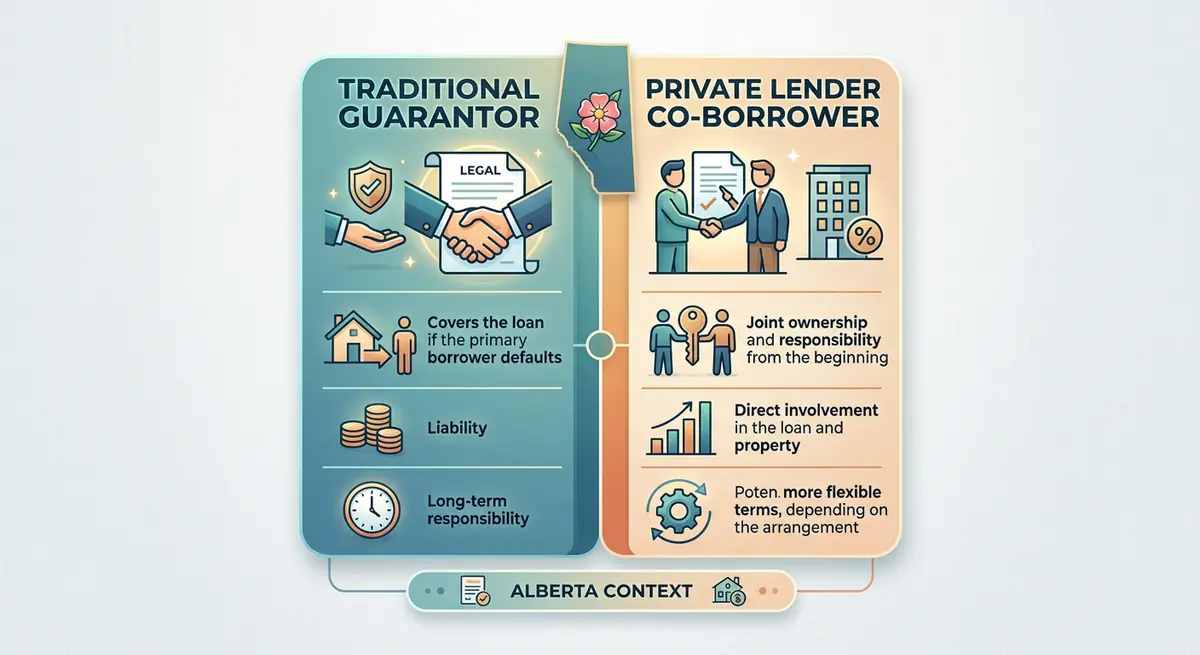 Comparison chart showing the difference between a traditional guarantor and a private lender co-borrower in Alberta