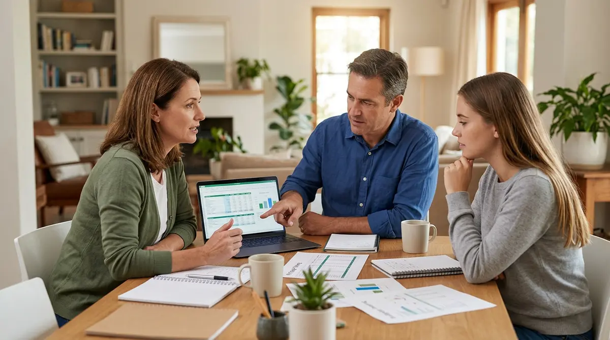 Family discussing financial alternatives to co-signing a mortgage at a dining table