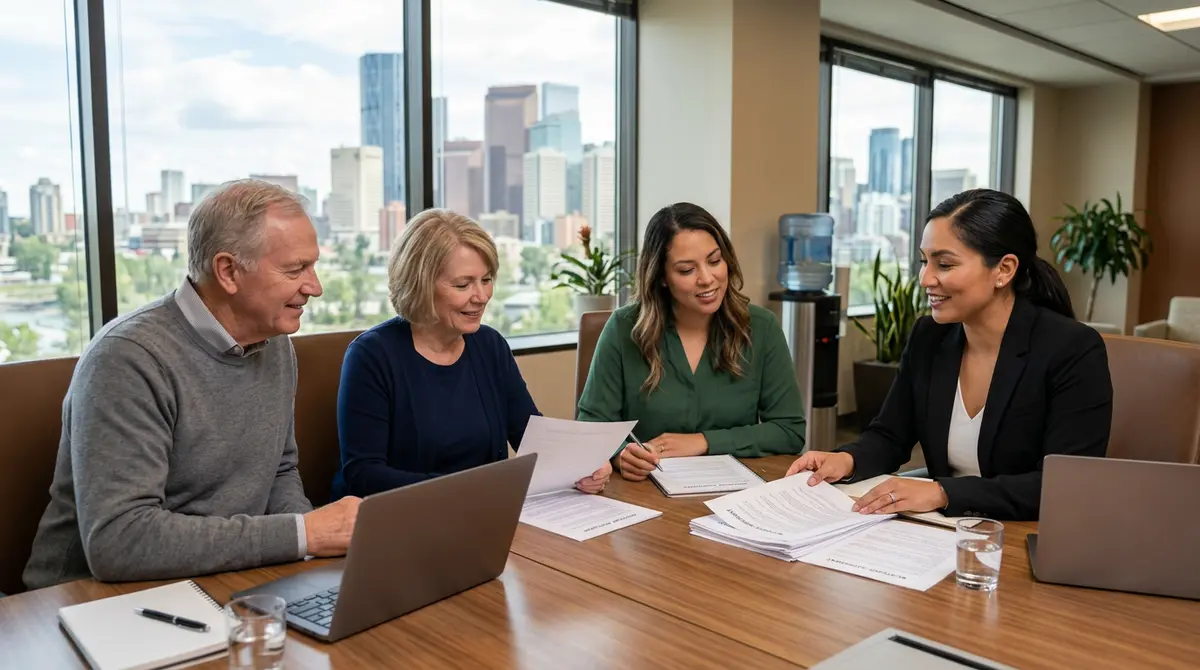 A retired couple and their adult daughter reviewing mortgage documents with a financial advisor in Calgary