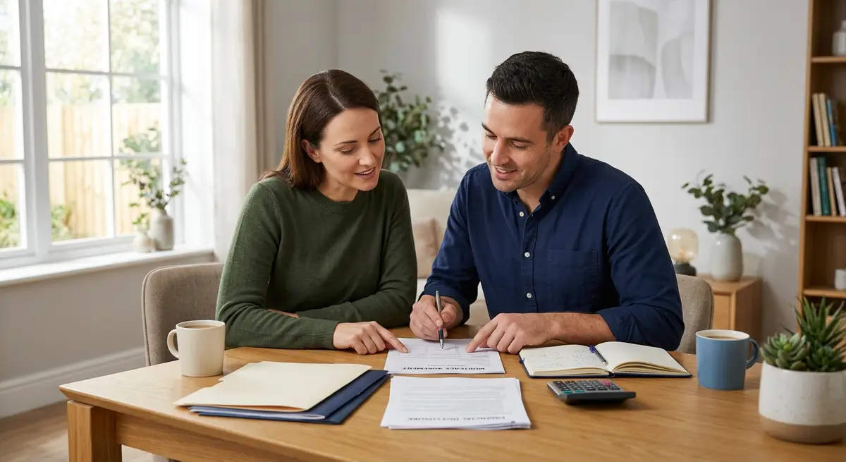 A couple reviewing financial documents and mortgage buyout paperwork at a dining table