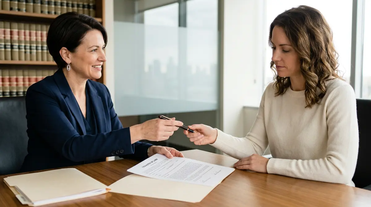 A real estate lawyer handing a pen to a client to sign a Transfer of Land document
