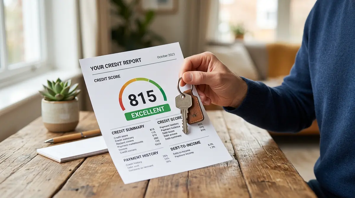 A close up of a credit score report showing a high rating next to a house key
