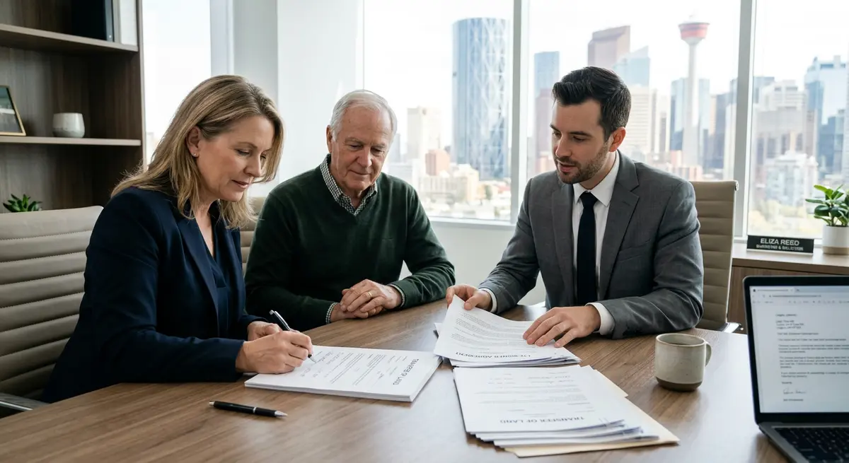 A legal document showing a property title transfer and co-signer agreement in Calgary