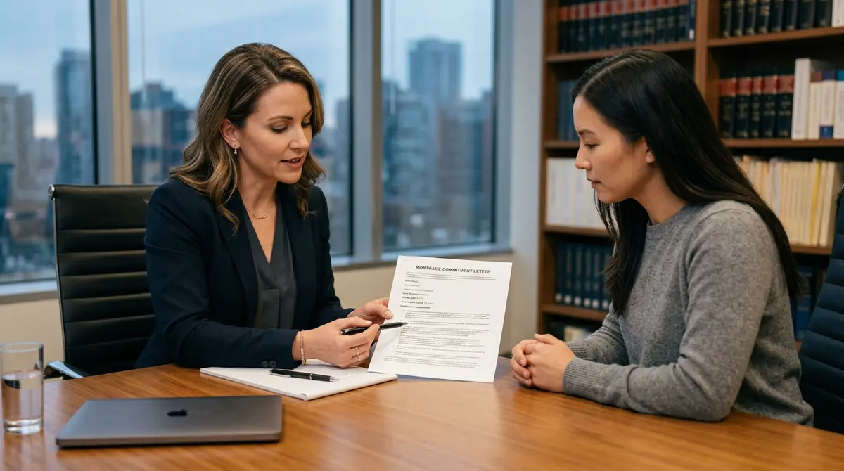 A lawyer explaining a mortgage commitment letter to a client during an Independent Legal Advice session