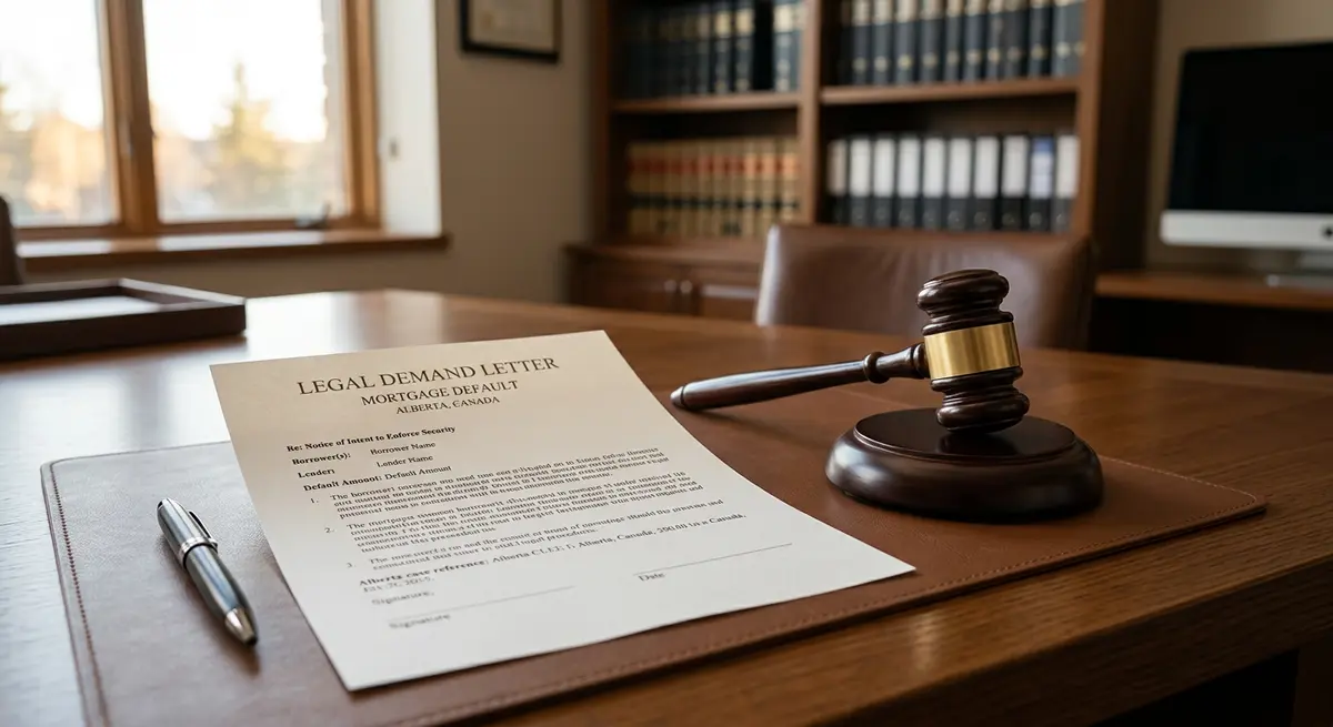 A formal legal demand letter sitting on a desk next to a gavel, representing the initial stages of mortgage default enforcement in Alberta.