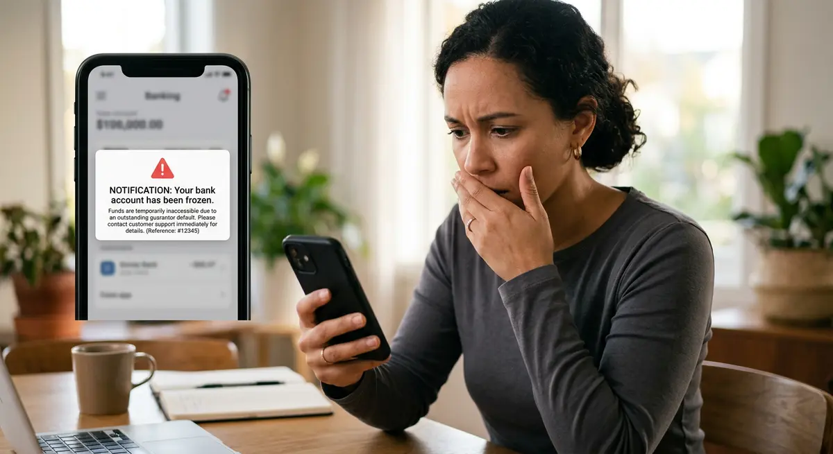 A frozen bank account notification on a smartphone screen, illustrating the severe financial consequences of a guarantor default.