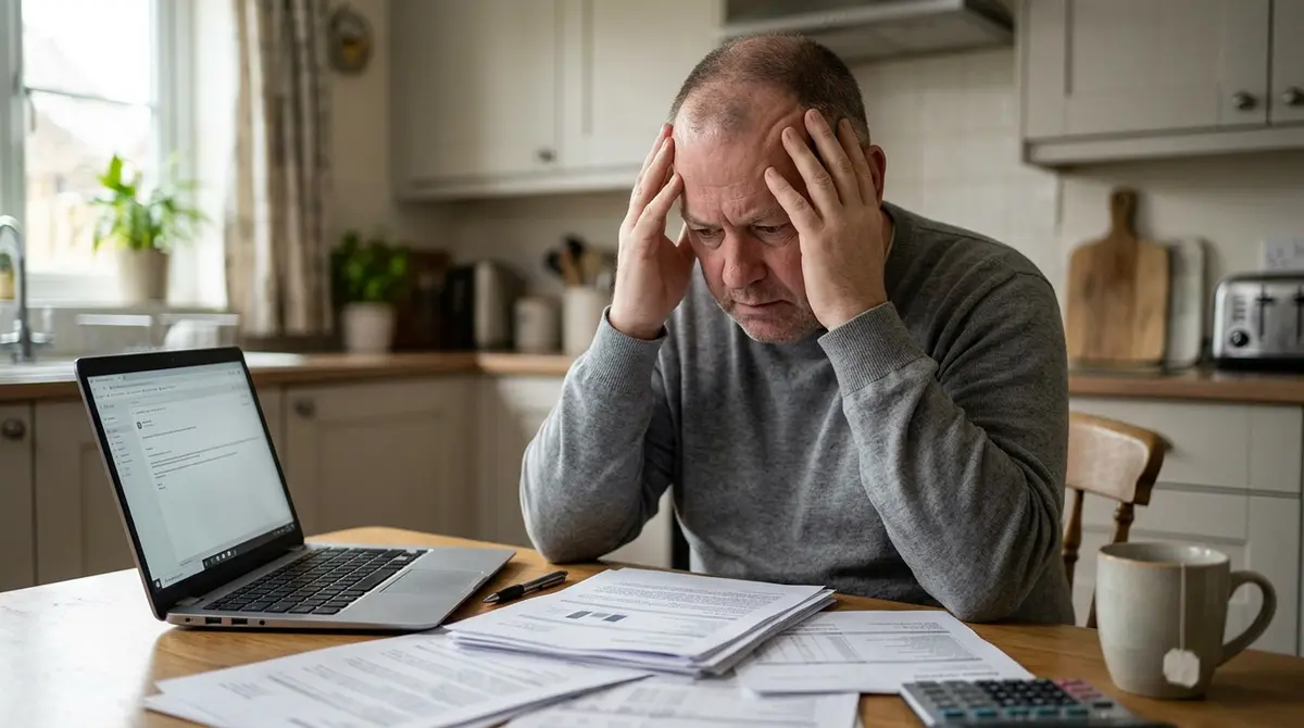 A stressed individual reviewing financial documents at a kitchen table, depicting the psychological toll of guarantor liability.