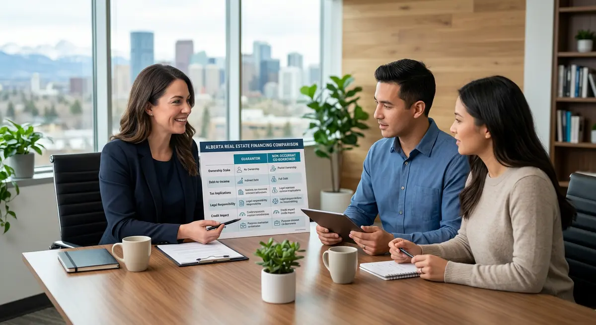 Comparison chart showing the differences between a guarantor and a non-occupant co-borrower for Alberta real estate financing