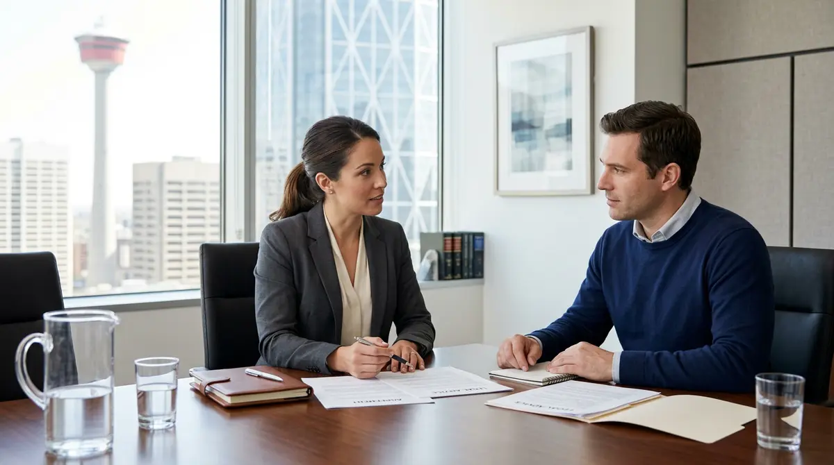 A legal professional providing Independent Legal Advice to a client in a Calgary law office