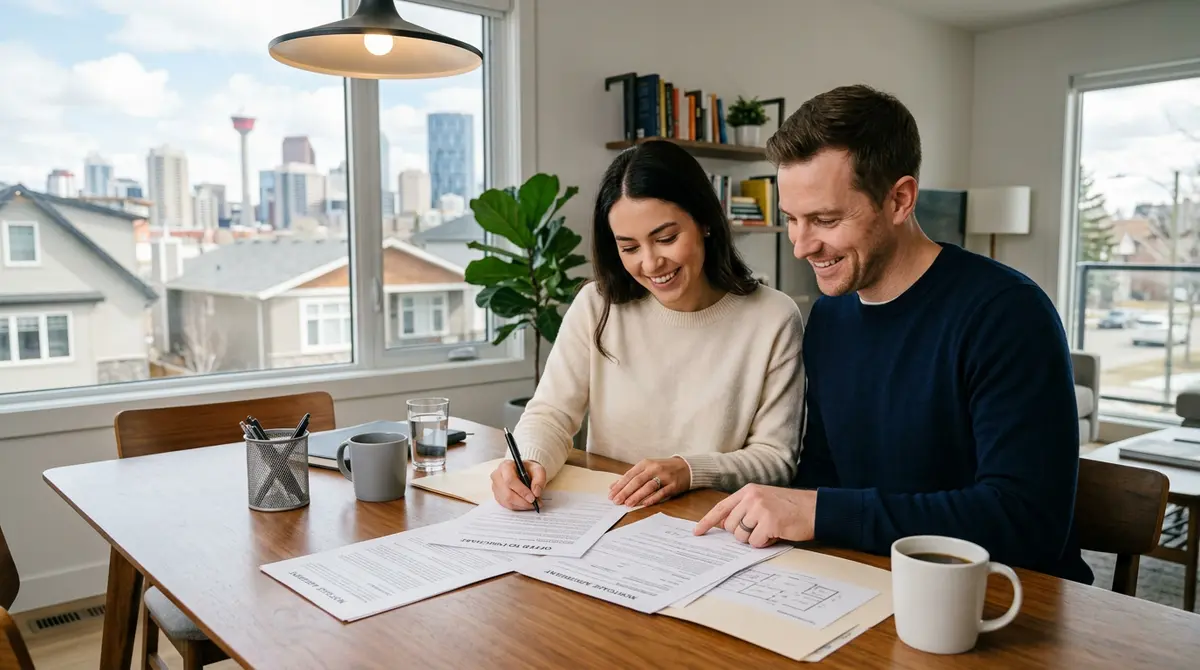 A couple reviewing real estate and mortgage documents at a dining table in Calgary