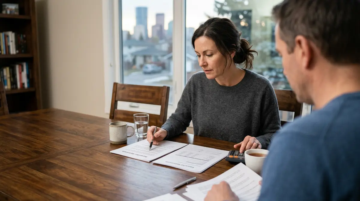 A Calgary homeowner reviewing financial documents and a separation agreement at a dining table