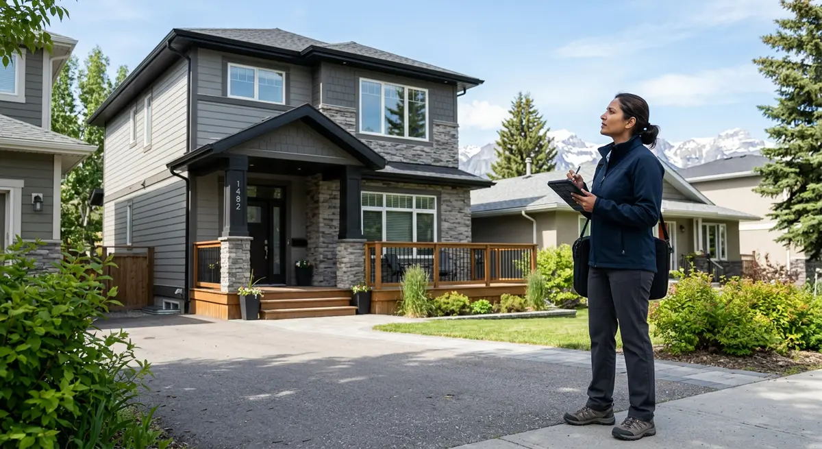 A real estate appraiser inspecting a Calgary home exterior to determine property value for a spousal buyout