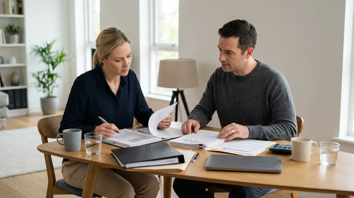 A divorced couple reviewing joint mortgage and financial separation documents at a table