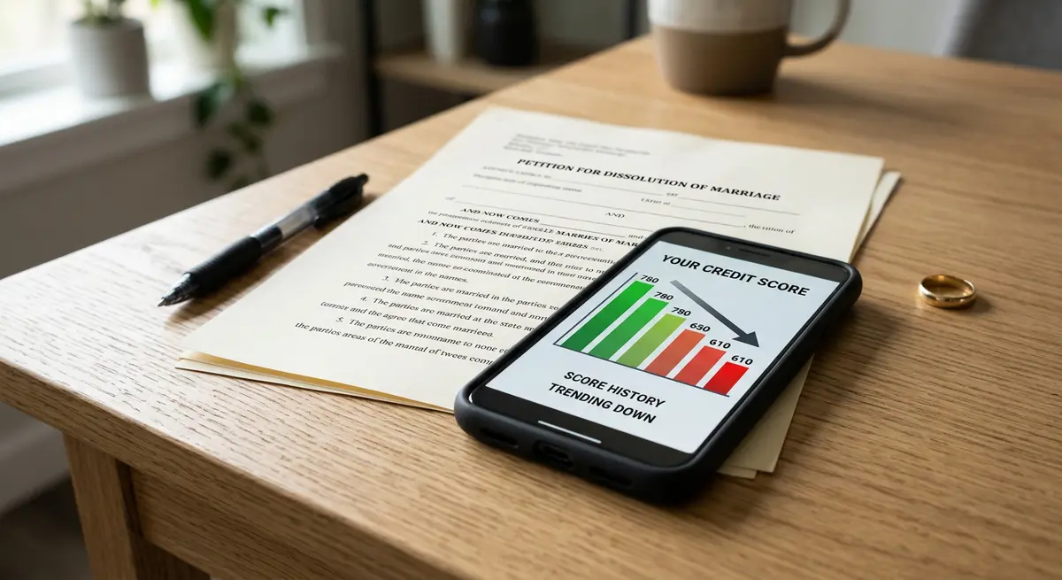 A close-up of a declining credit score chart on a smartphone screen next to divorce papers