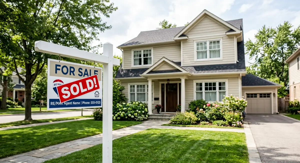 A real estate for sale sign in front of a house with a sold sticker, representing a partition and sale