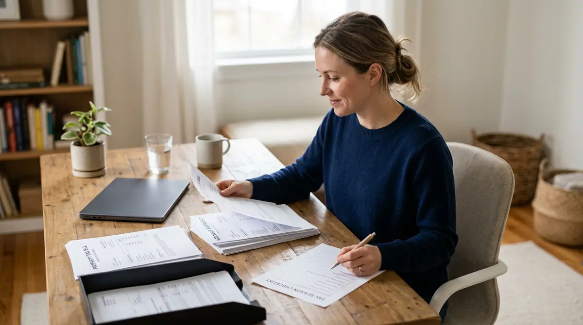 A homeowner organizing property tax bills and mortgage statements on a desk