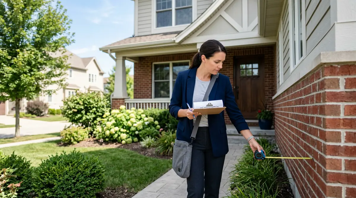 A certified real estate appraiser inspecting a residential property exterior