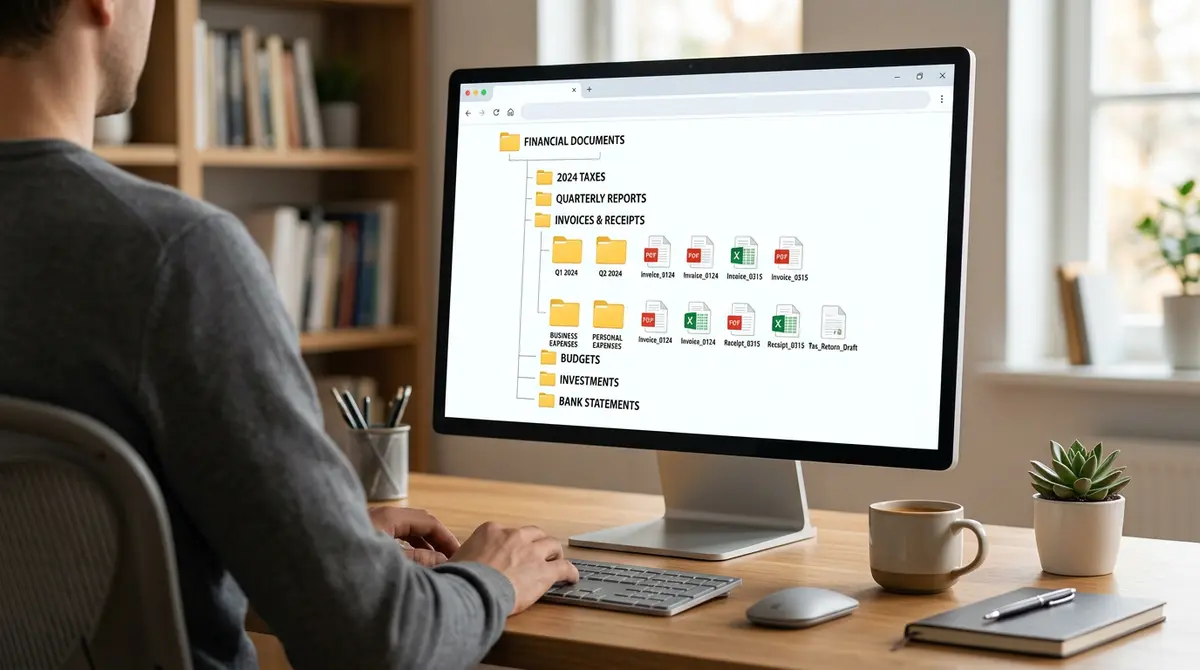 Digital folders on a computer screen showing neatly organized financial documents