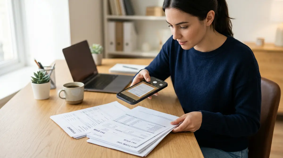 Person using a mobile scanning app to digitize financial documents for a mortgage application