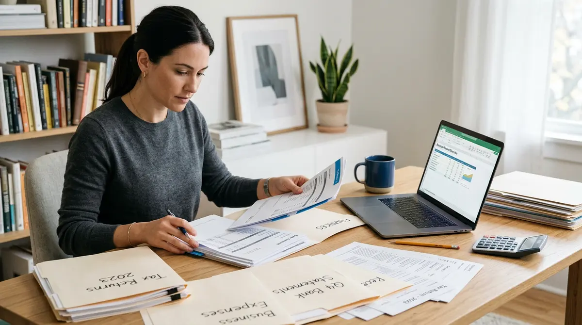 Entrepreneur organizing business bank statements and tax returns on a desk