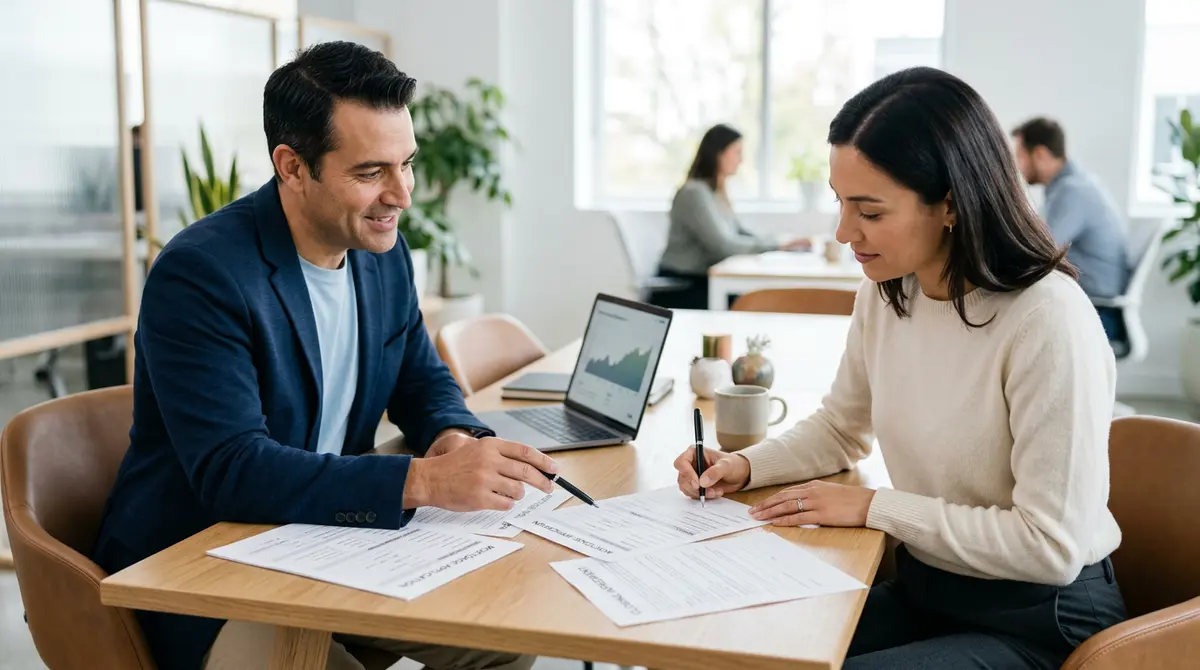 Two people reviewing a mortgage application and signing documents together