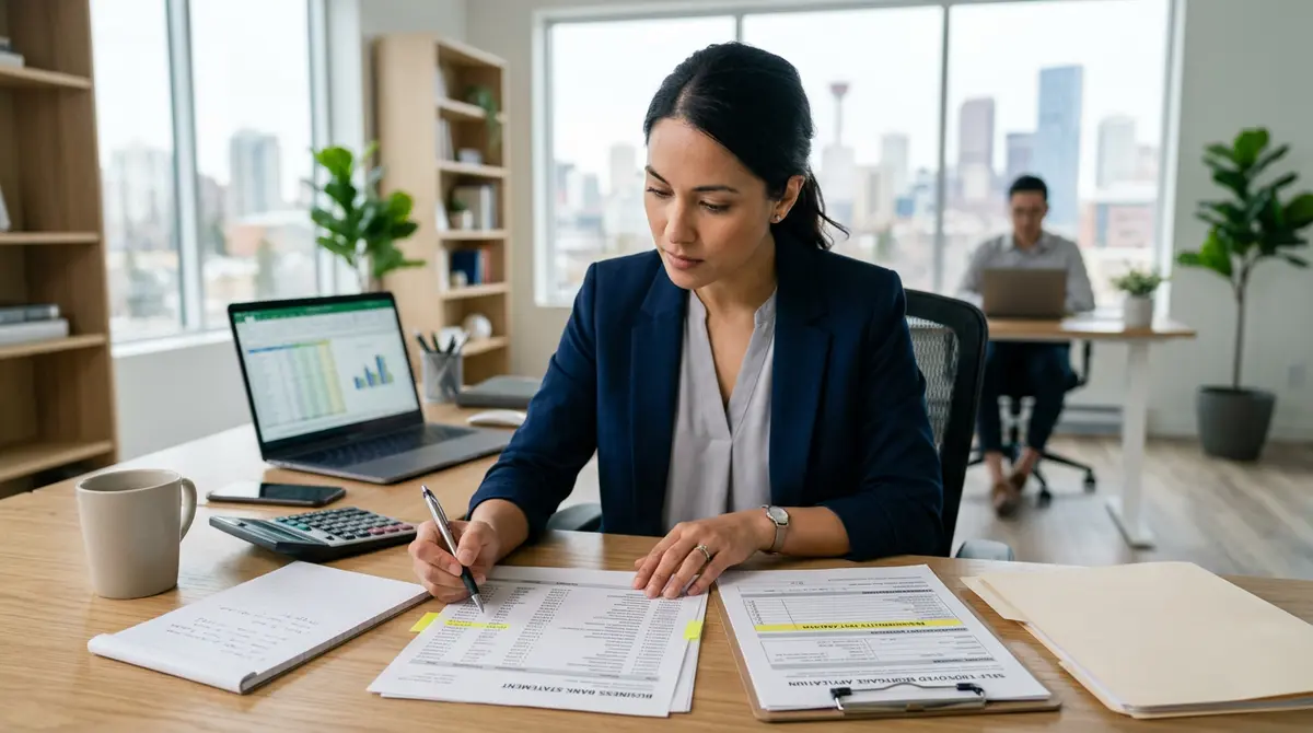 Underwriter reviewing business bank statements and applying the reasonability test for a self-employed mortgage application in Alberta