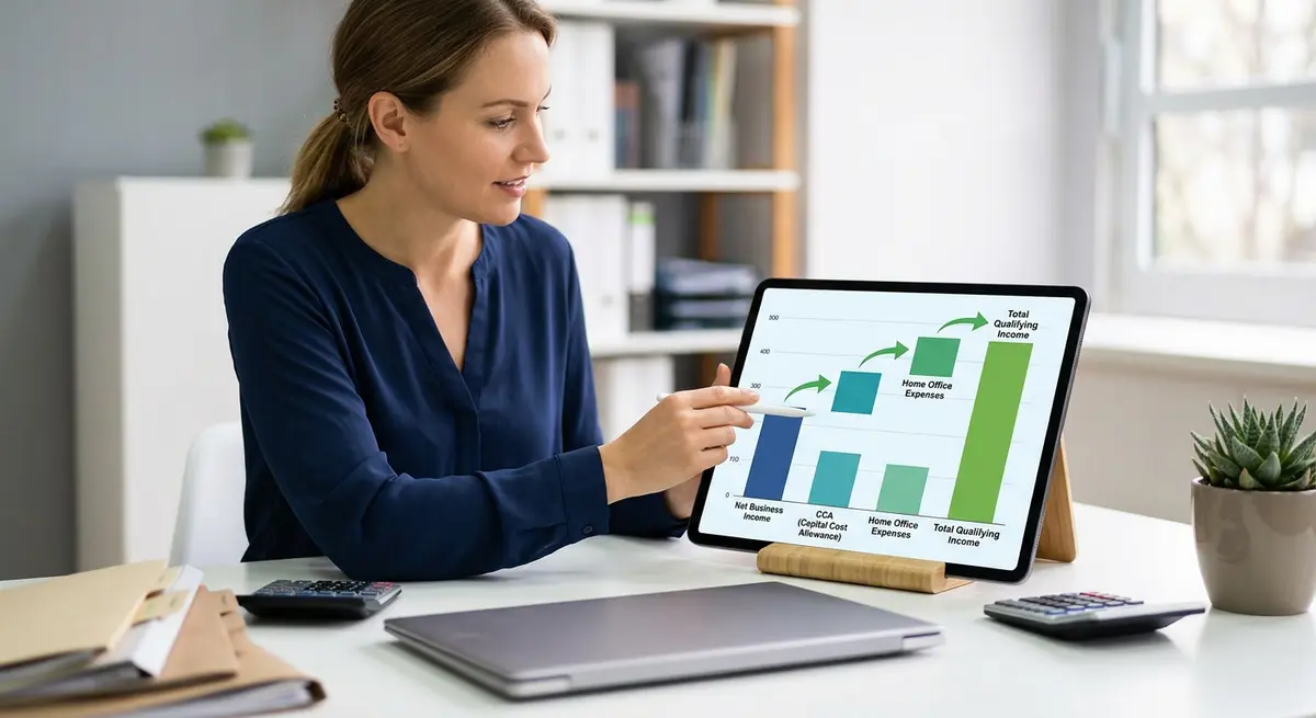 Financial chart showing how add-backs like CCA and home office expenses increase qualifying income for self-employed borrowers