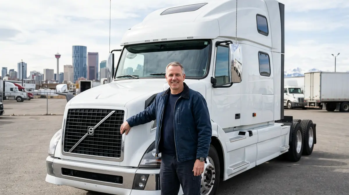 Calgary transport owner standing in front of his commercial truck, successfully funded through an alternative stated income mortgage