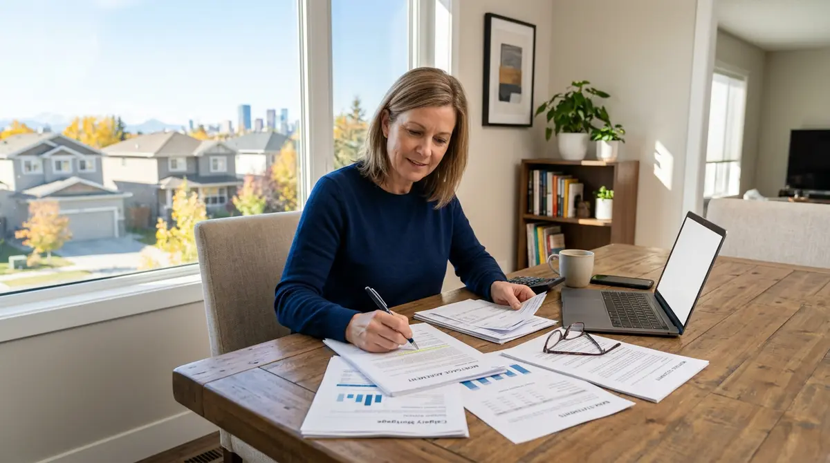 A Calgary homeowner reviewing mortgage documents and bank statements at a dining table