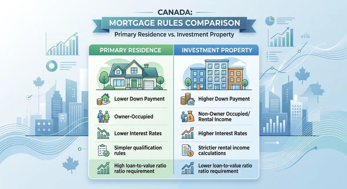 A comparison chart showing primary residence versus investment property mortgage rules in Canada