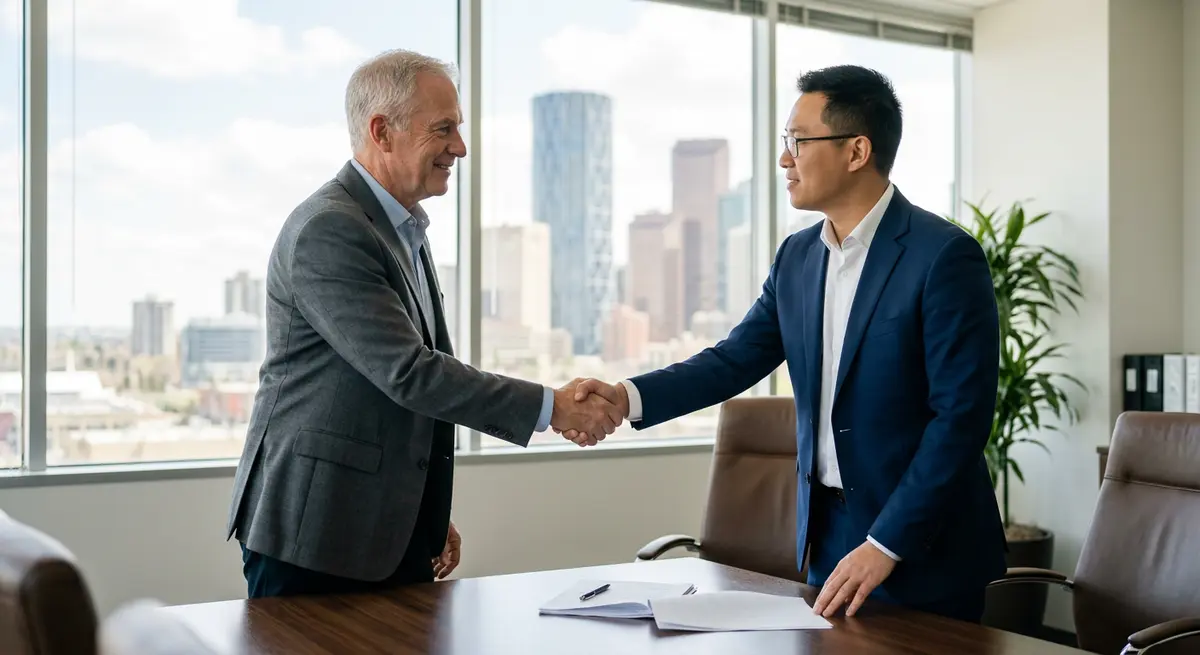 A Calgary business owner shaking hands with a private mortgage lender after signing documents